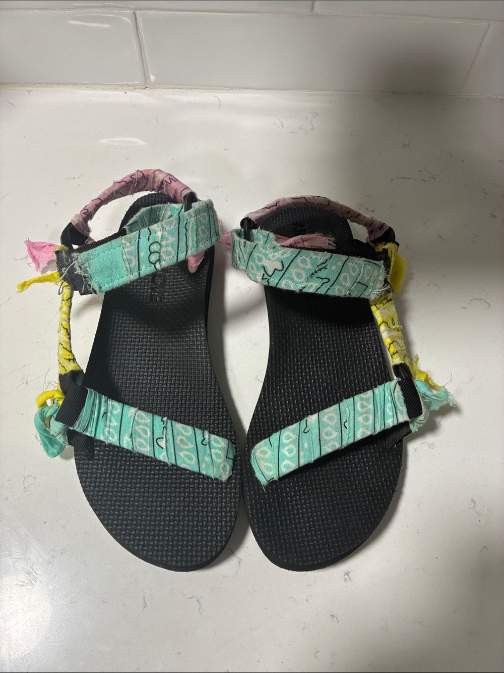 Arizona Love Mint, Pink & Yellow Fabric Strap Sandals